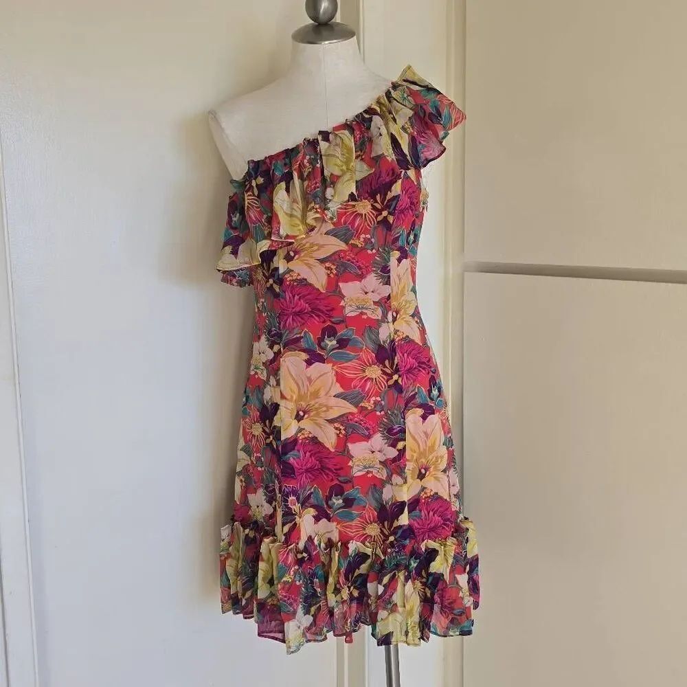 Karen Millen Coral Floral One Shoulder Silk Dress w/ Tube Pleats, NWOT, Sz. 6